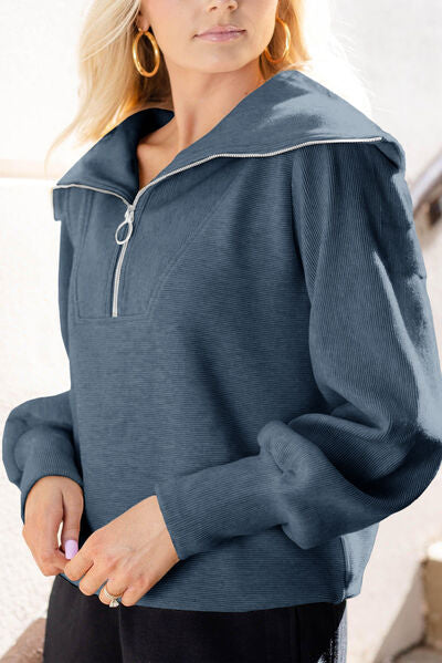 swvws Pocketed Quarter Zip Collared Neck Sweatshirt