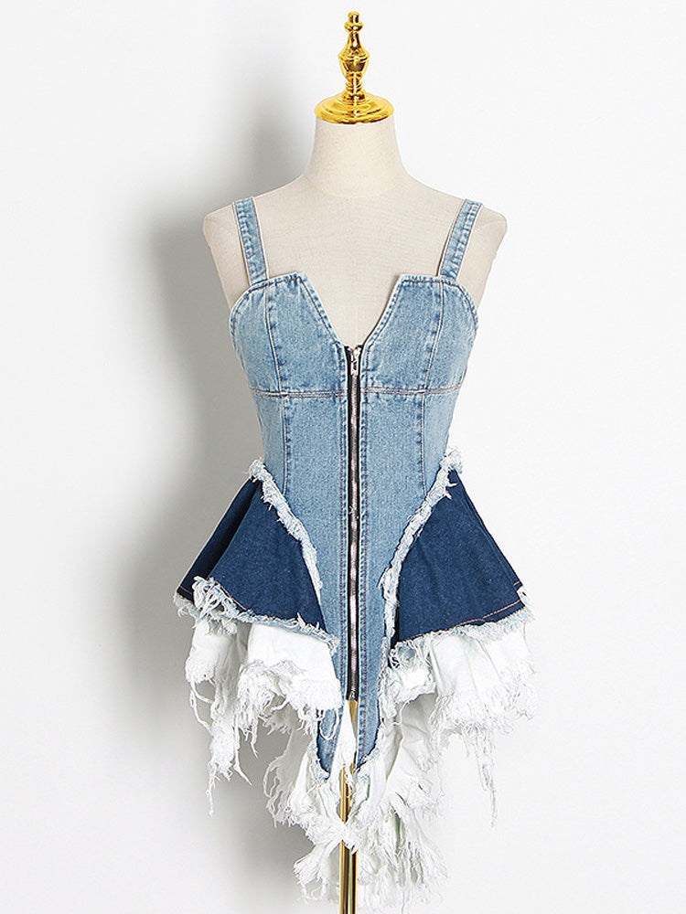 Sixsr Patchwork Denim Mini Dress