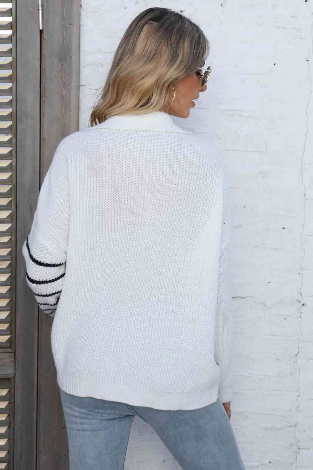 swvws Ribbed Notched Neck Striped Long Sleeve Sweater