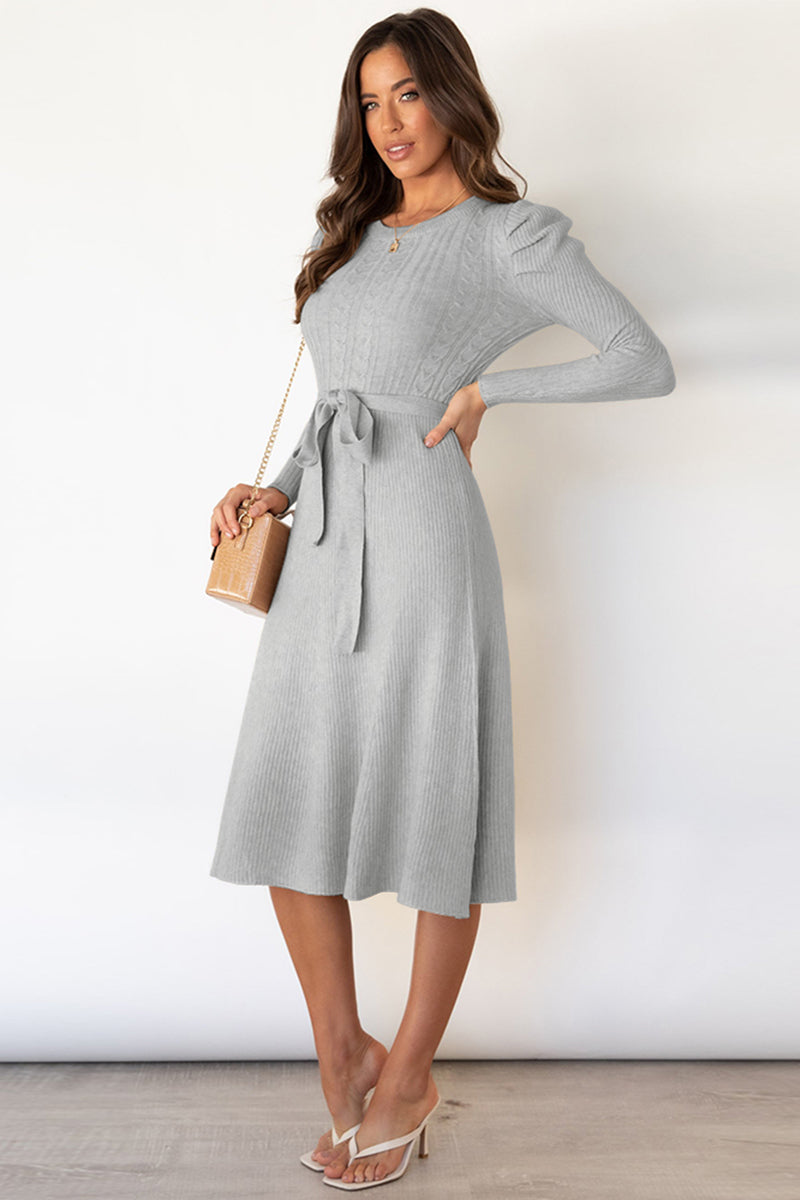 swvws Round Neck Long Sleeve Tie Waist Sweater Dress