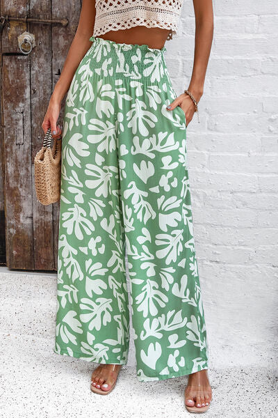 swvws Smocked Printed Wide Leg Pants with Pockets