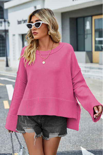 swvws High-Low Slit Round Neck Long Sleeve Sweater