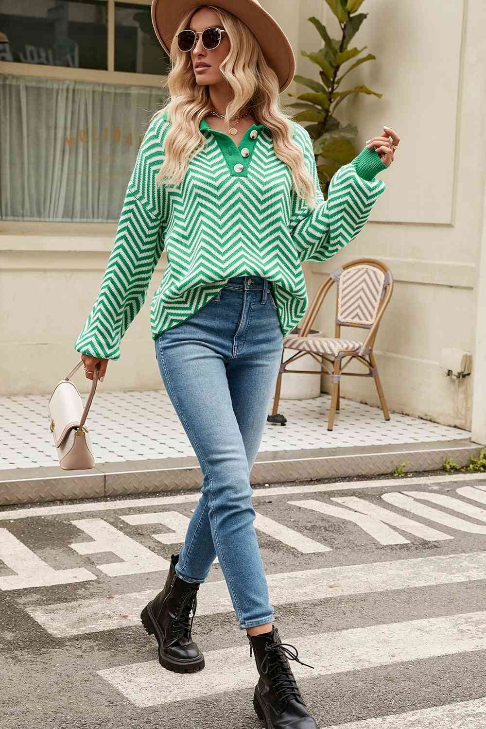 swvws Striped Collared Neck Buttoned Pullover Sweater