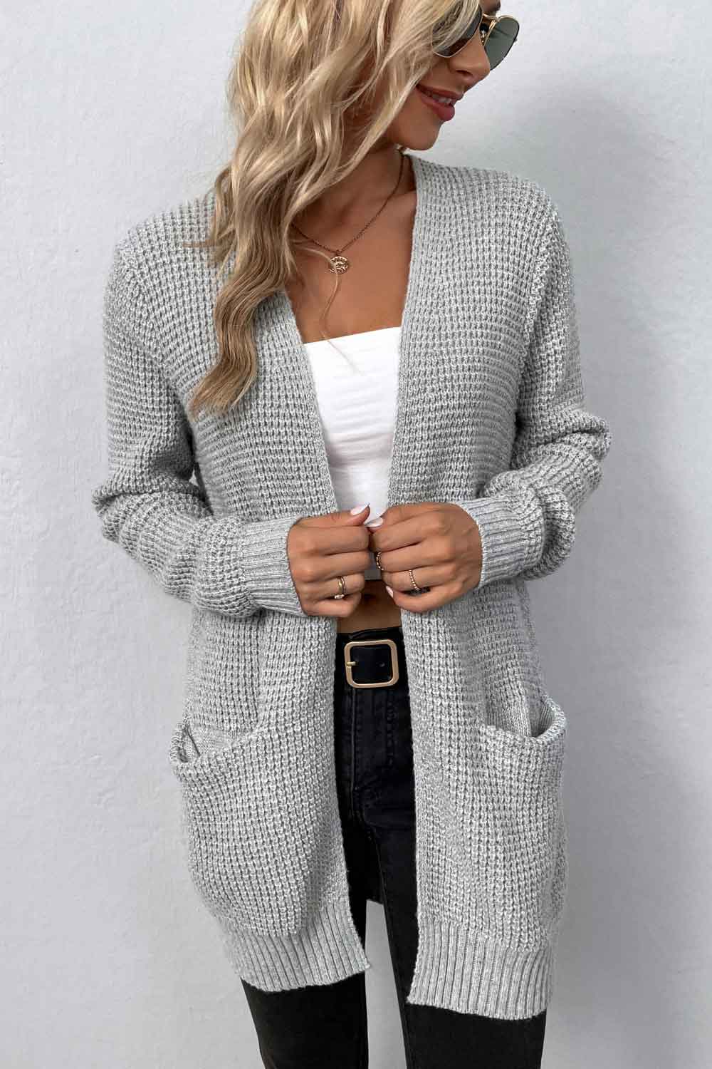 swvws Rib-Knit Open Front Pocketed Cardigan