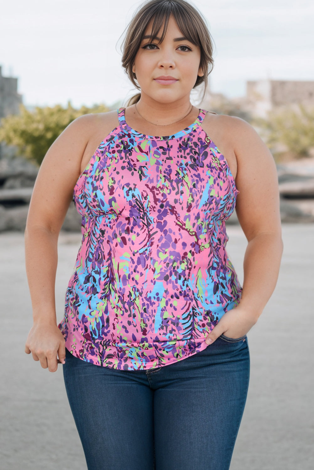 swvws Plus Size Printed Round Neck Sleeveless Tank Top