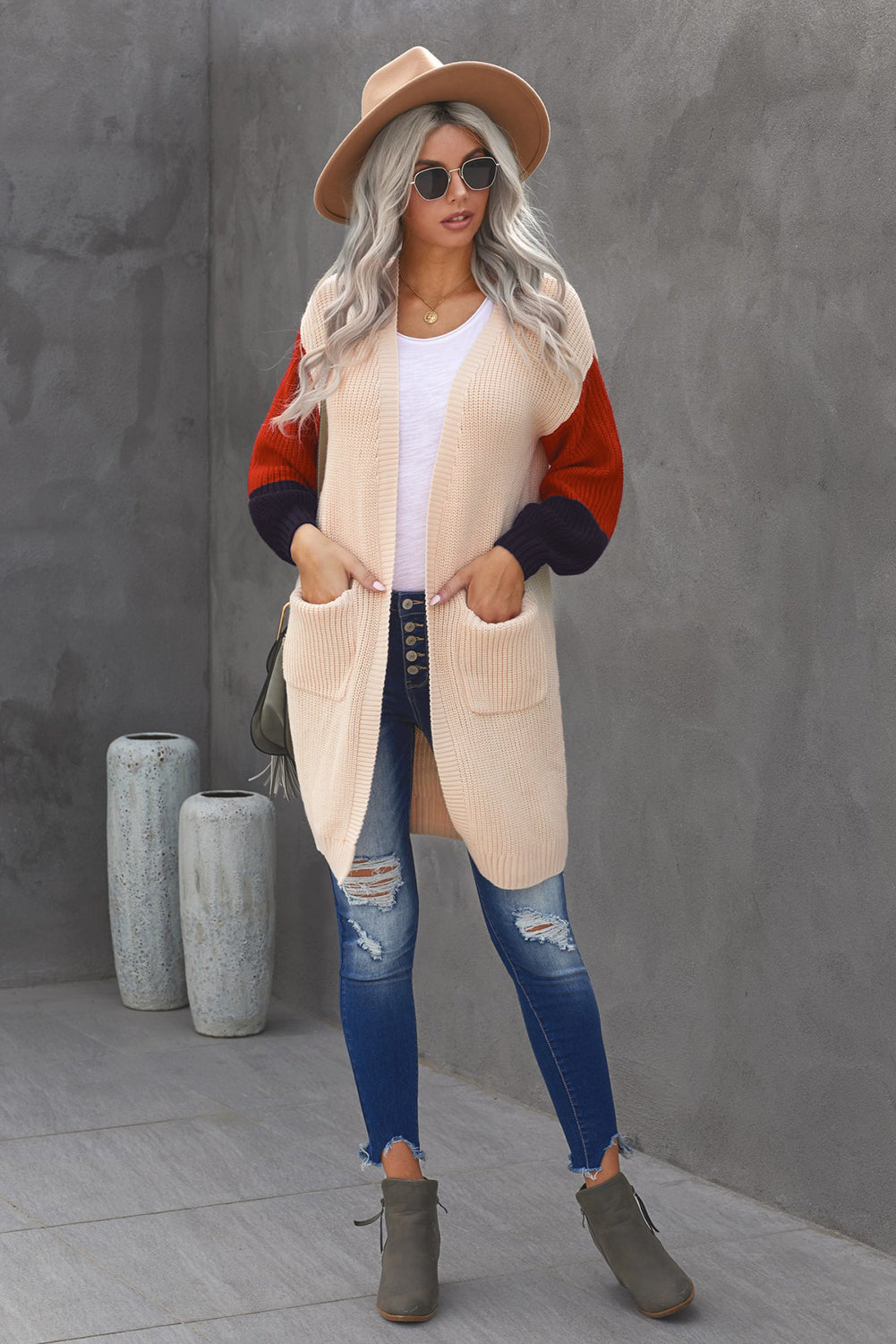 swvws Color Block Rib-Knit Longline Cardigan with Front Pockets