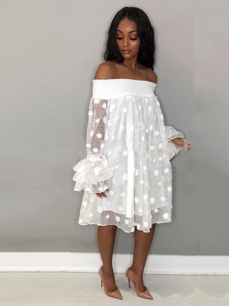 Sixsr Off Shoulder Mesh Polka Dot Dress