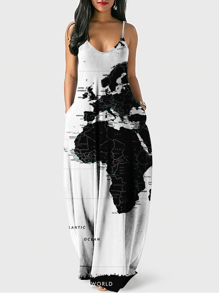 Sixsr Casual Map Print Spaghetti Strap Maxi Dress