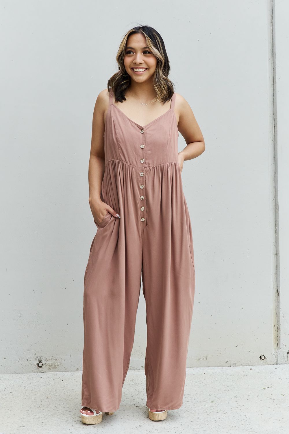 swvws HEYSON All Day Full Size Wide Leg Button Down Jumpsuit in Mocha