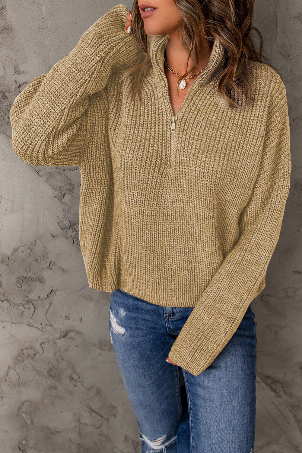 swvws Half Zip Rib-Knit Dropped Shoulder Sweater