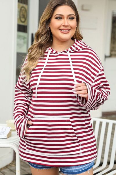 swvws Plus Size Drawstring Striped Dropped Shoulder Hoodie