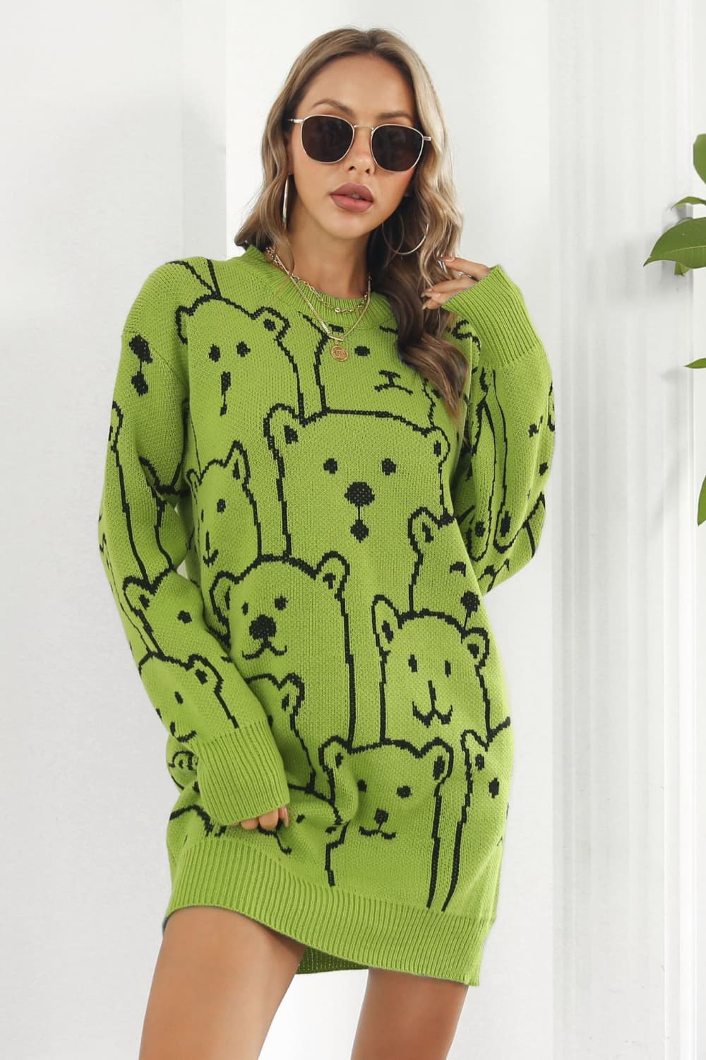 swvws Bear Pattern Round Neck Sweater Dress