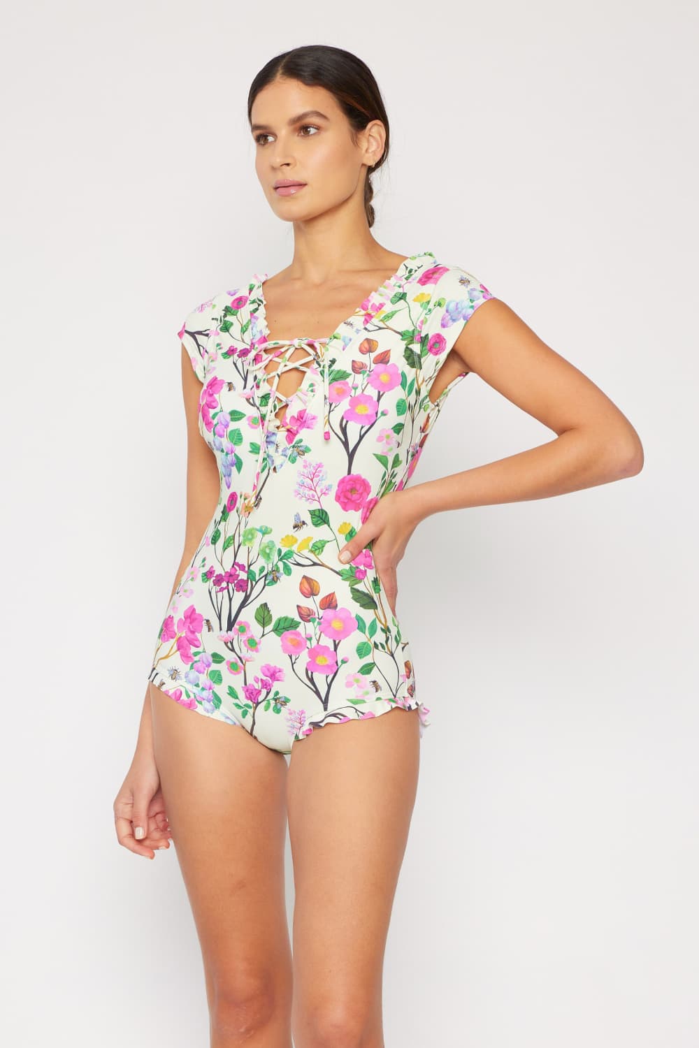 swvws Marina West Swim Bring Me Flowers V-Neck One Piece Swimsuit Cherry Blossom Cream