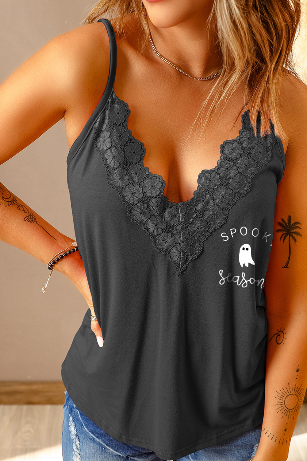 swvws Lace Trim SPOOKY SEASON Graphic Cami