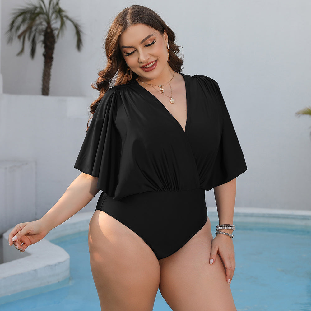 swvws Plus Size Ruched Surplice Neck One-Piece Swimsuit