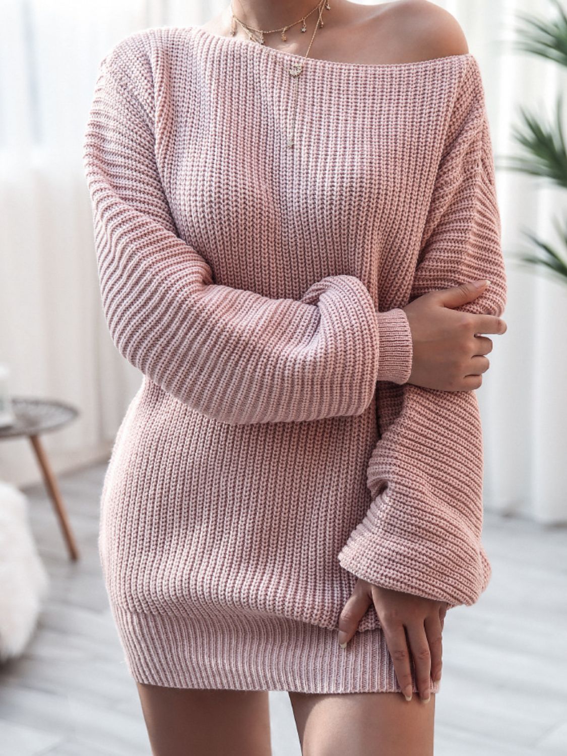 swvws Rib-Knit Balloon Sleeve Boat Neck Sweater Dress