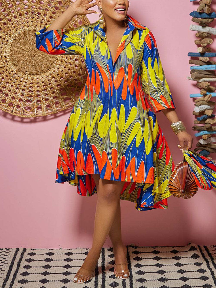 Sixsr Printed A-Line Shirt Midi Dress