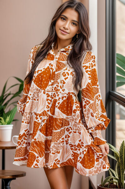 swvws Printed Tiered Half Button Lantern Sleeve Mini Dress