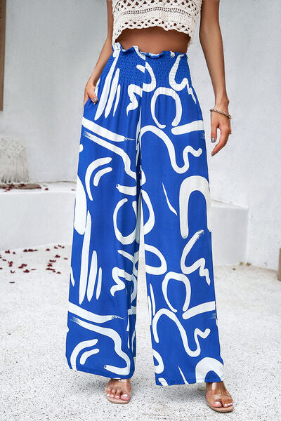 swvws Smocked Printed Wide Leg Pants with Pockets