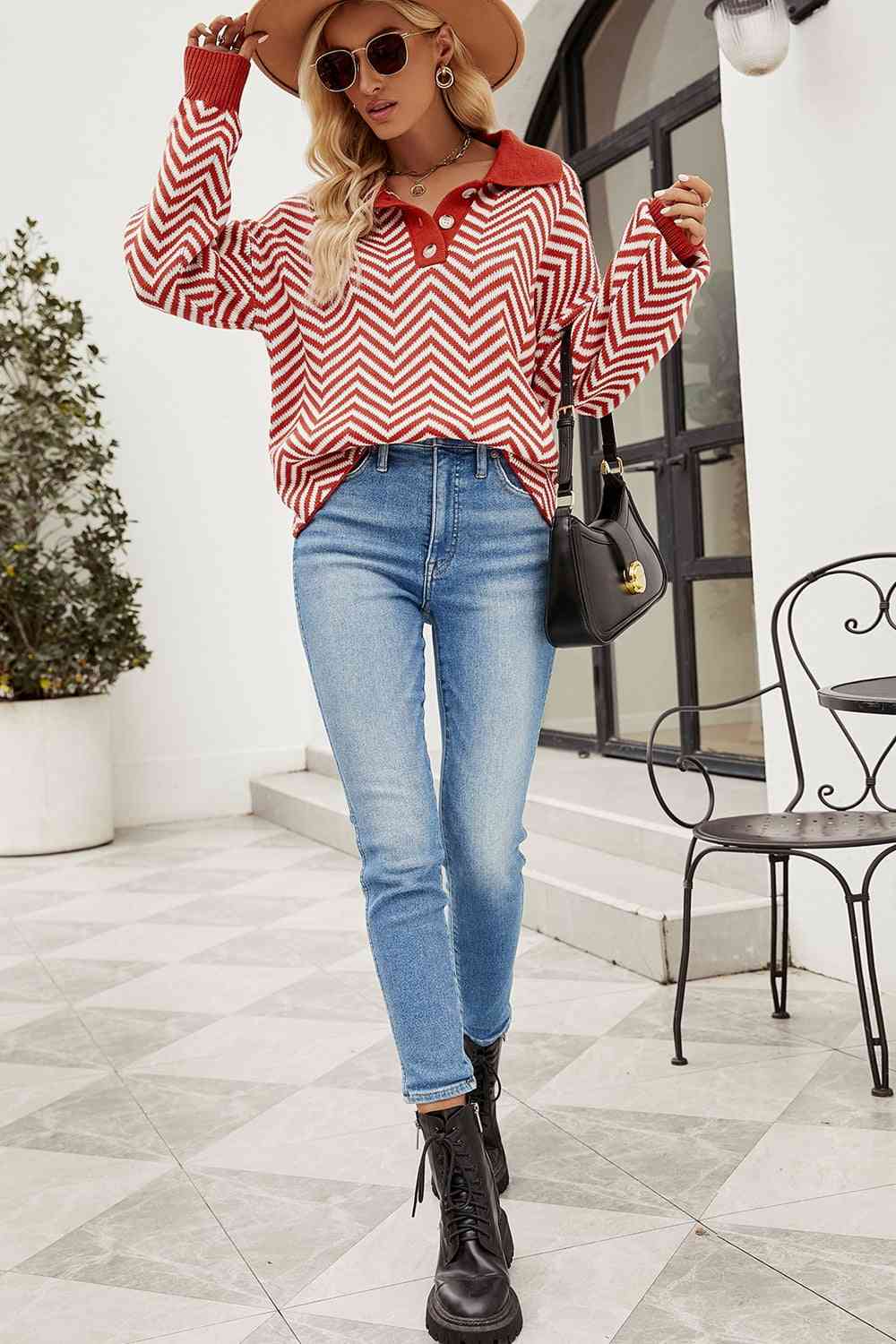 swvws Striped Collared Neck Buttoned Pullover Sweater