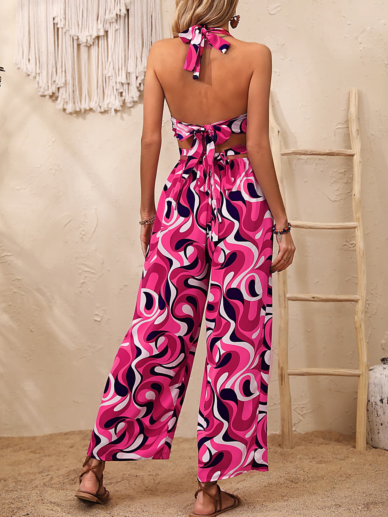 swvws Abstract Print Halter Neck Cutout Wide Leg Jumpsuit