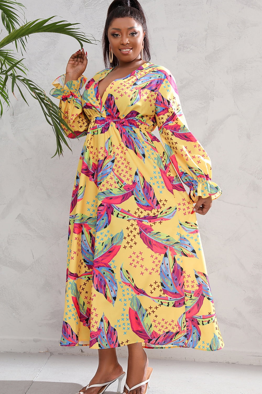 swvws Plus Size Printed Flounce Sleeve Maxi Dress