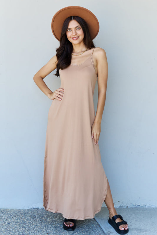 swvws Ninexis Good Energy Full Size Cami Side Slit Maxi Dress in Camel