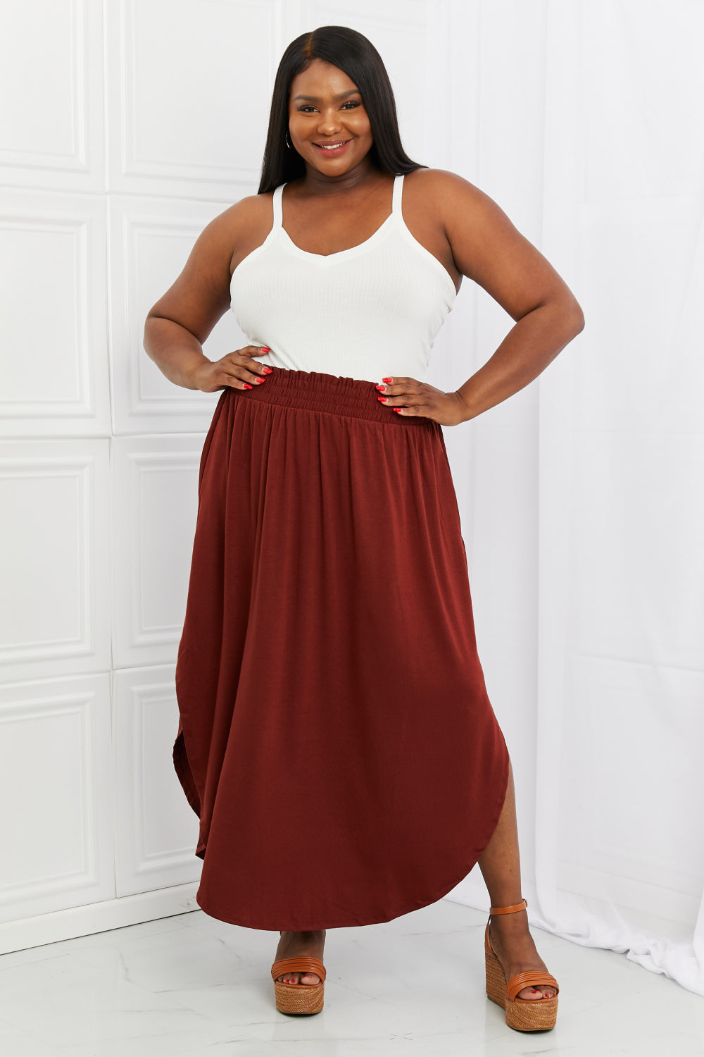 themeisles Zenana It's My Time Full Size Side Scoop Scrunch Skirt in Dark Rust