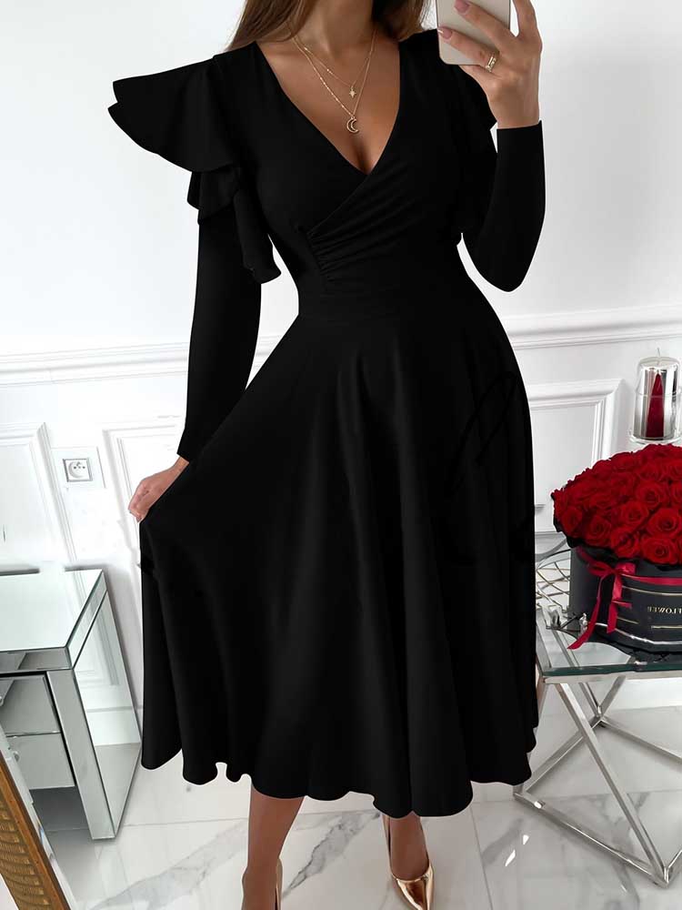 Sixsr V Neck Ruffled Long Sleeved Dress