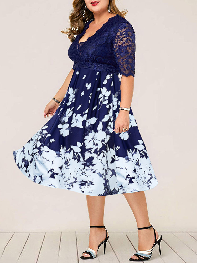 Sixsr Lace Patchwork Butterfly Print Dress