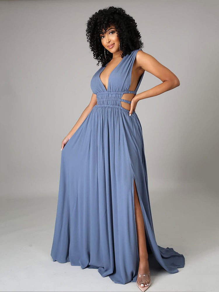 Sixsr Sleeveless V Neck Slit Maxi Dress