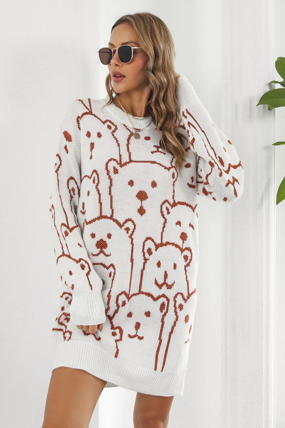 swvws Bear Pattern Round Neck Sweater Dress