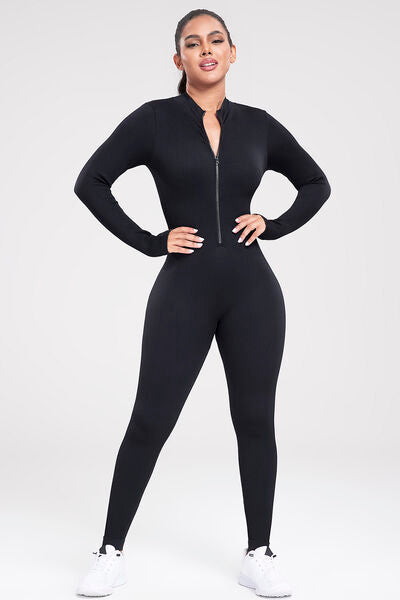 swvws Zip Up Ribbed Long Sleeve Skinny Active Jumpsuit