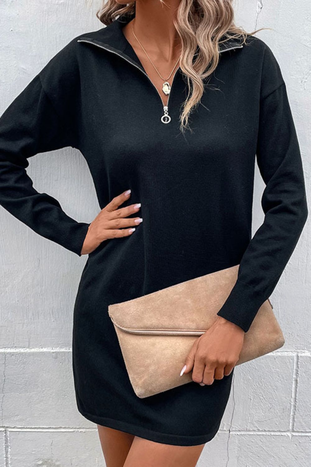 swvws Quarter-Zip Dropped Shoulder Knit Dress