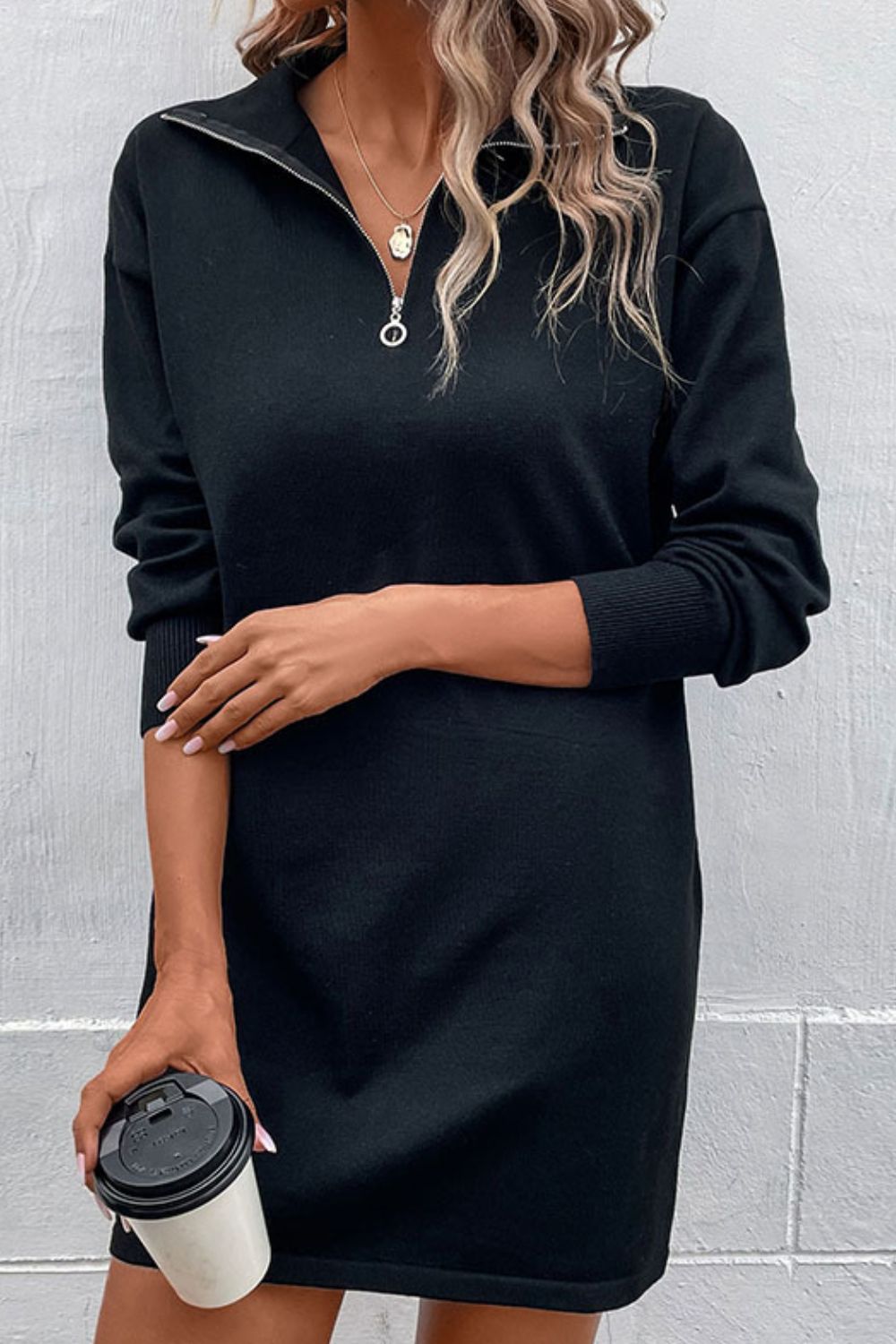 swvws Quarter-Zip Dropped Shoulder Knit Dress