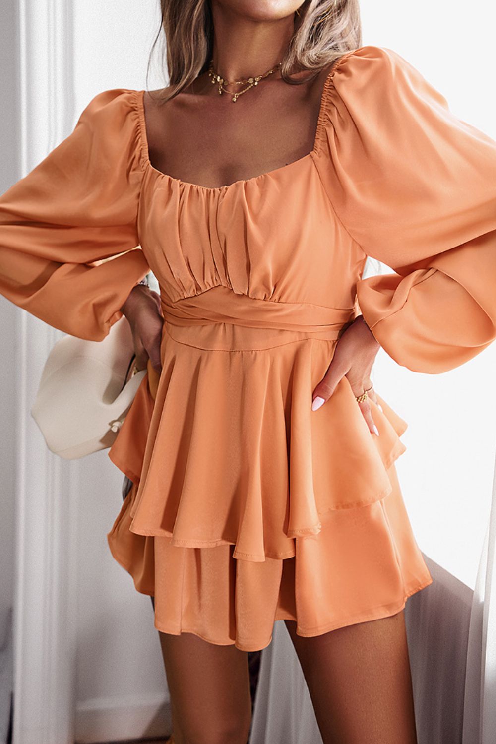 swvws Long Balloon Sleeve Layered Romper