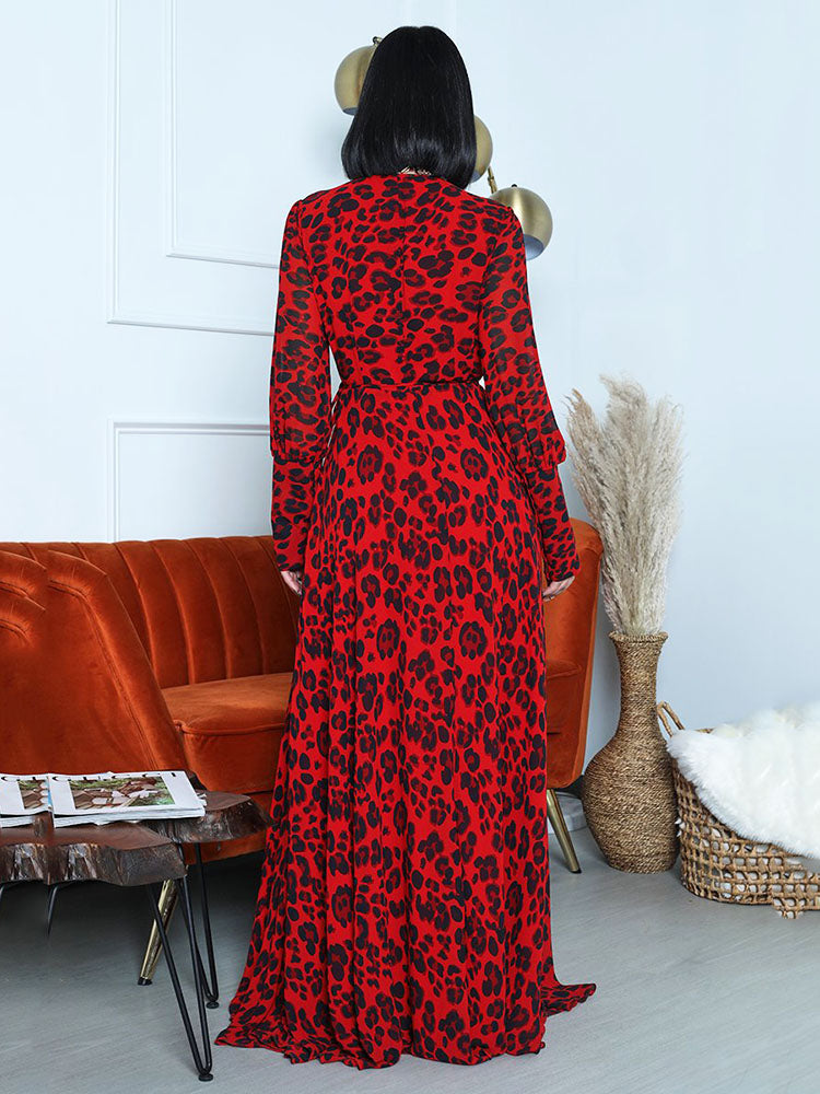 Sixsr Leopard Print Slit V Neck Long Sleeve Dress