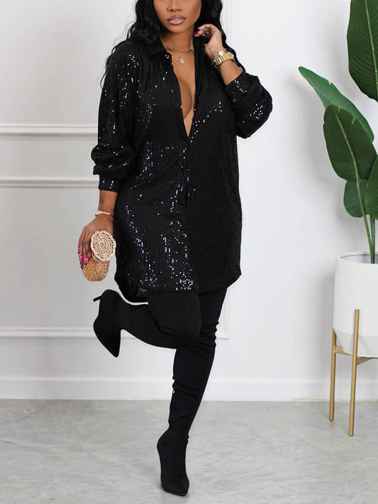 Sixsr Sequin Shirt Mini Dress