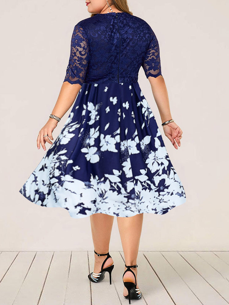 Sixsr Lace Patchwork Butterfly Print Dress