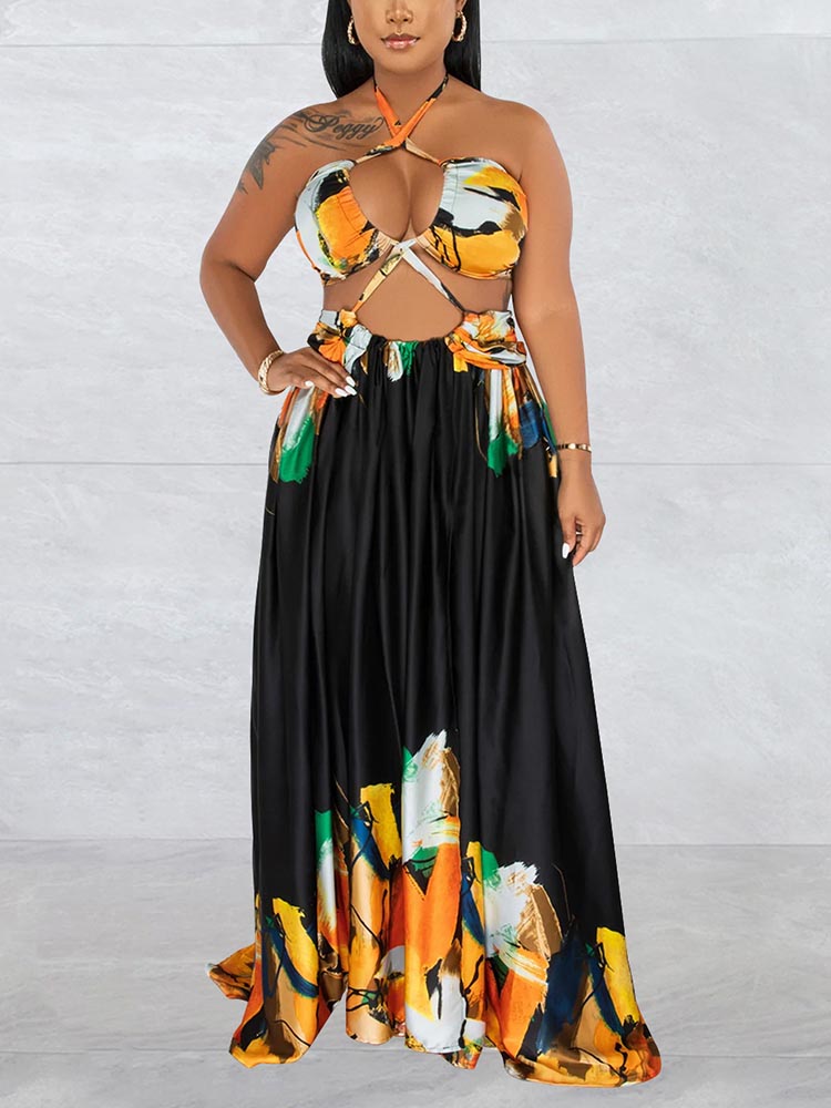 Sixsr Print Halter Cut-out Maxi Dress