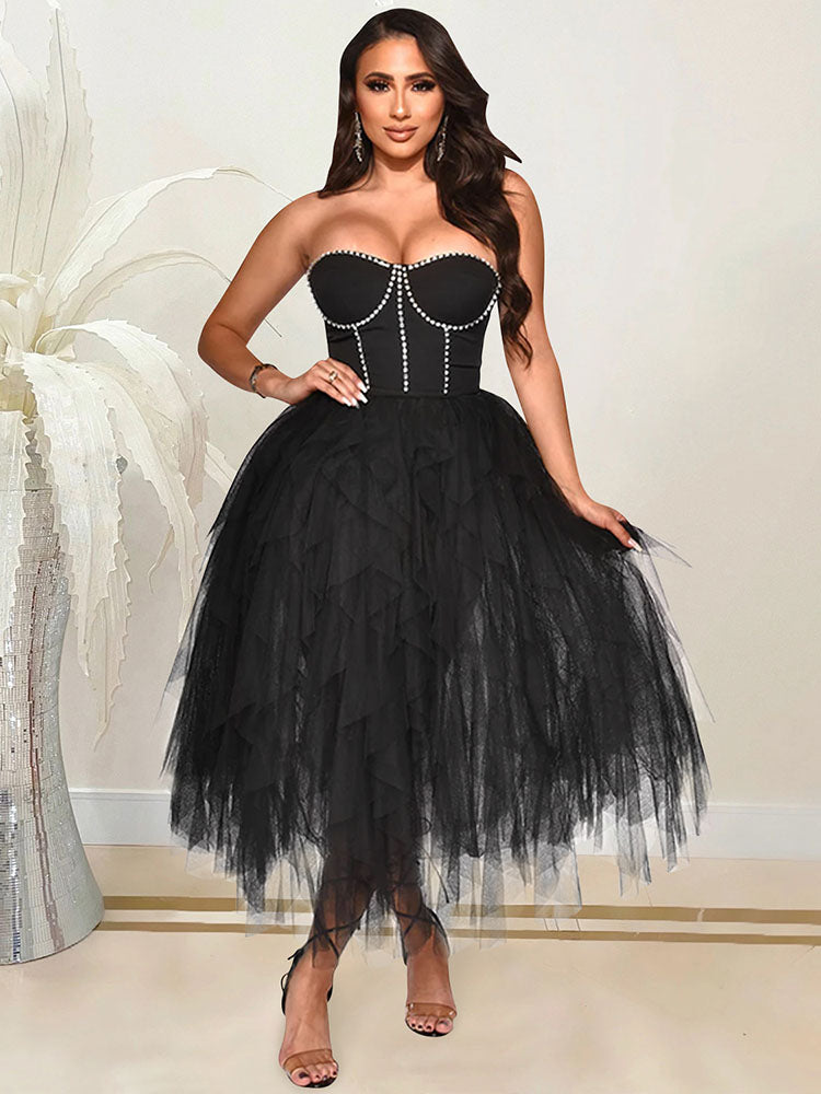 Sixsr Rhinestone Tube Tulle Prom Midi Dress