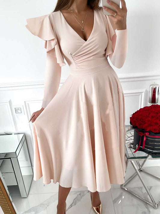 Sixsr V Neck Ruffled Long Sleeved Dress