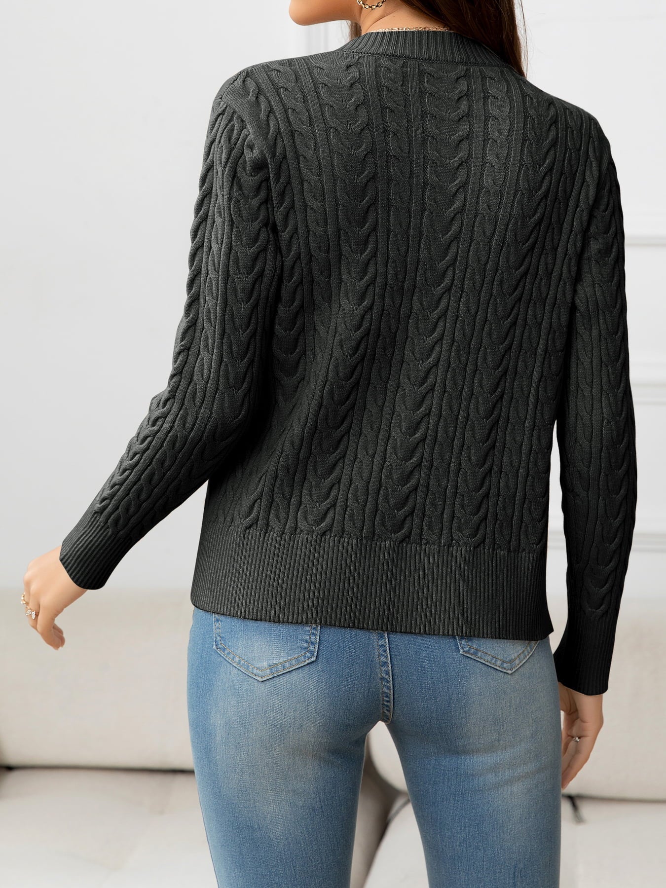 swvws V-Neck Long Sleeve Cable-Knit Buttoned Knit Top