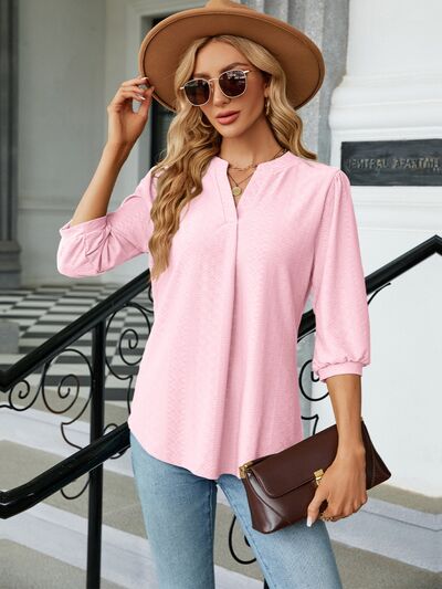 swvws Textured Notched Three-Quarter Sleeve Blouse