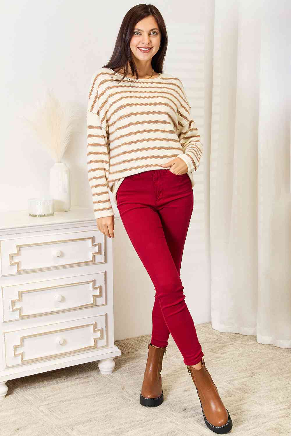 swvws Double Take Striped Boat Neck Sweater