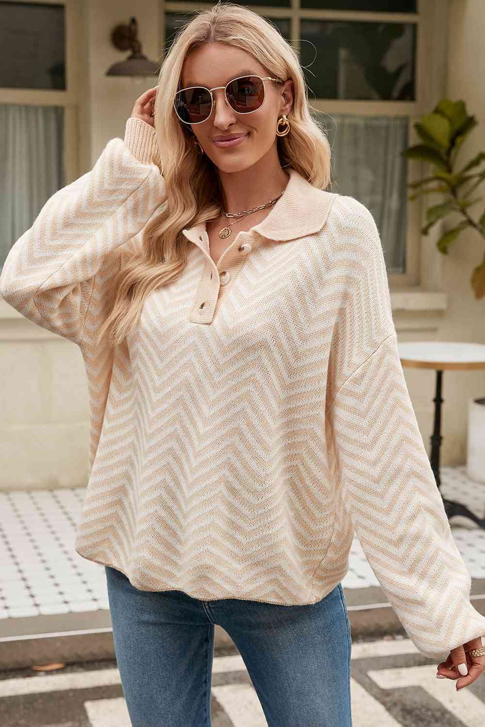 swvws Striped Collared Neck Buttoned Pullover Sweater