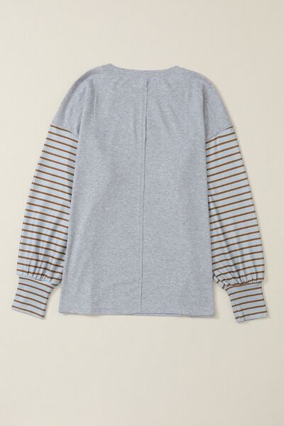 swvws Striped Round Neck Lantern Sleeve Sweatshirt