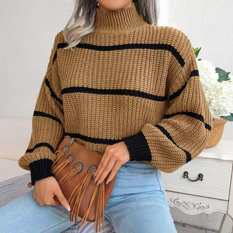 swvws Striped Mock Neck Dropped Shoulder Sweater