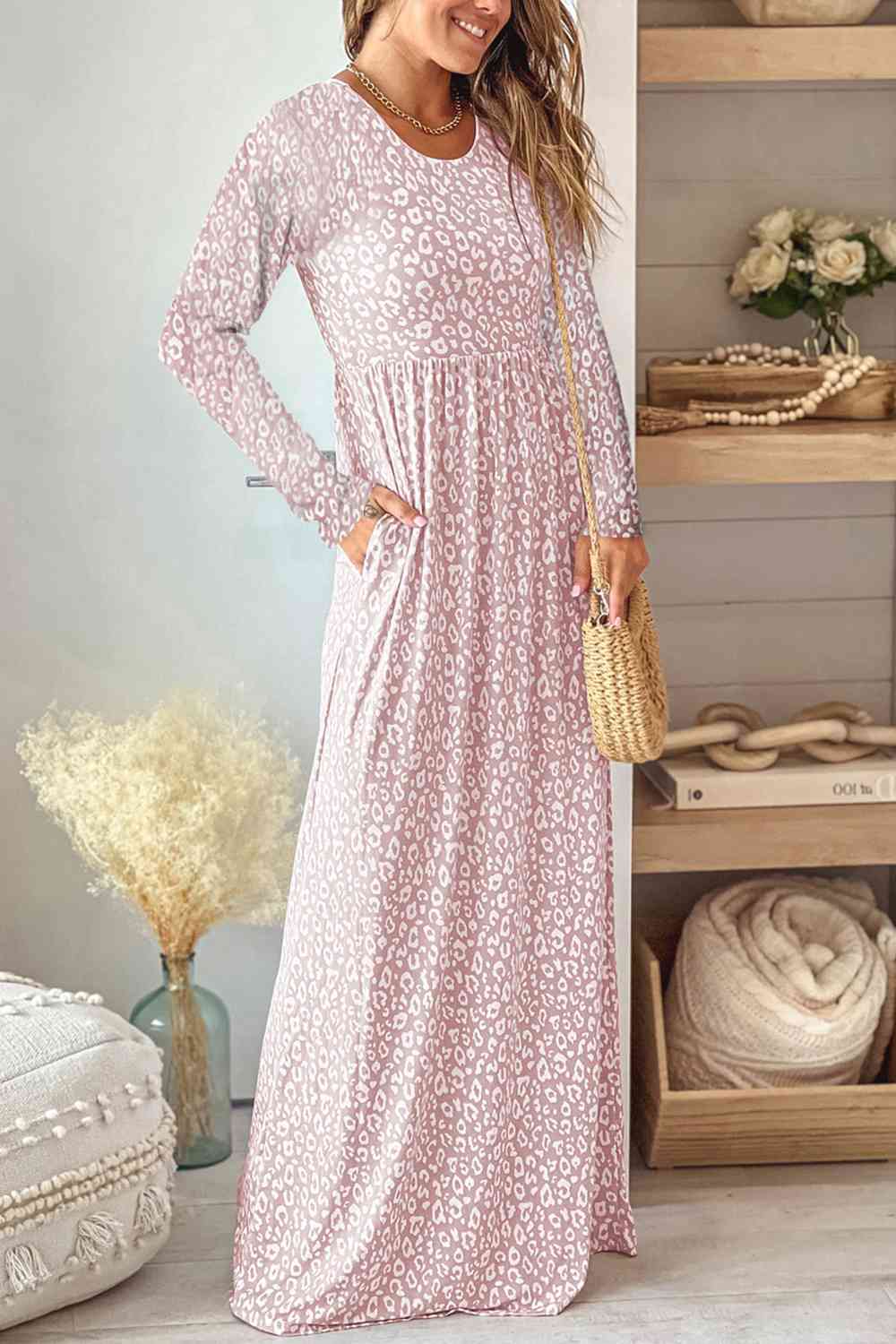 swvws Leopard Round Neck Long Sleeve Maxi Dress