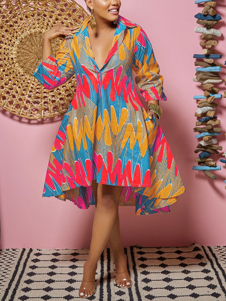 Sixsr Printed A-Line Shirt Midi Dress